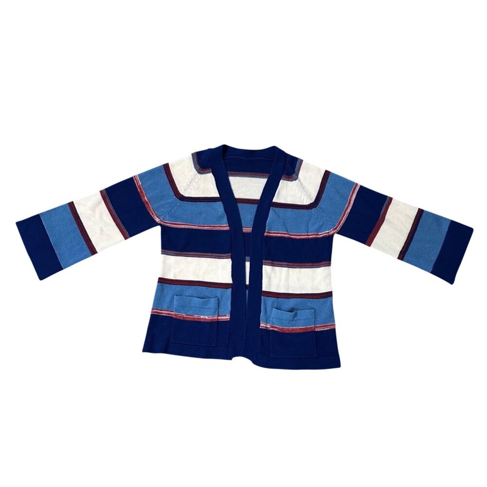 Vintage Cardigan Sweater 1970s Striped Knit Blue White Red Open Front Retro - Picture 2 of 6